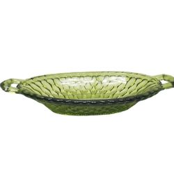 Vintage 1960s Indiana Glass Avocado Green Honeycomb Oval Pickle Dish 2- Handles 