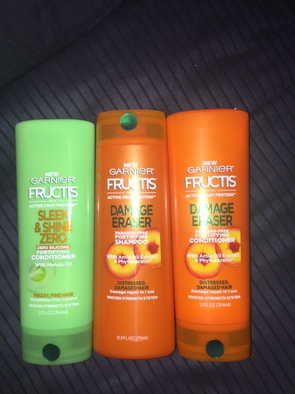 Various shampoos and conditioners (Garnier Whole Blends, garnier Fructis, and L'Oréal)