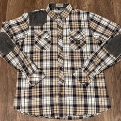 AKOO long sleeve plaid shirt size L, patch button up elbow patches