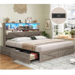 Brand New In Box Modern Farmhouse Style Queen Size Platform Bed With LED Lights Charger Station Drawers And More!!!