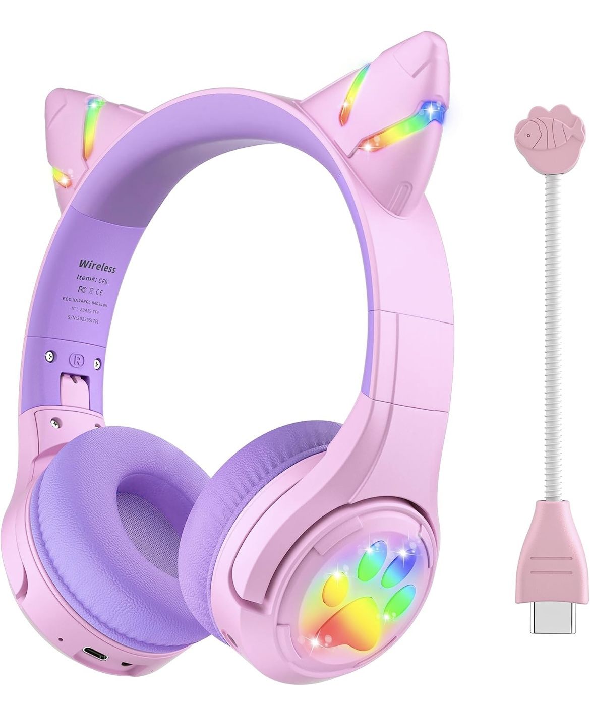 Cat Ear Kids Bluetooth Headphones with LED Light Up,Safe 85dB Volume Limit,Built-in Mic&Boom Mic for Calls