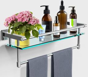 SFGSOWOR Bath towel bar with glass shelf Chrome