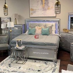 New/ Silver Led Upholstered Panel Bedroom Set/4-Piece/Bed ,Nightstand, Dresser, Mirror/ Mattress Sold Separately 