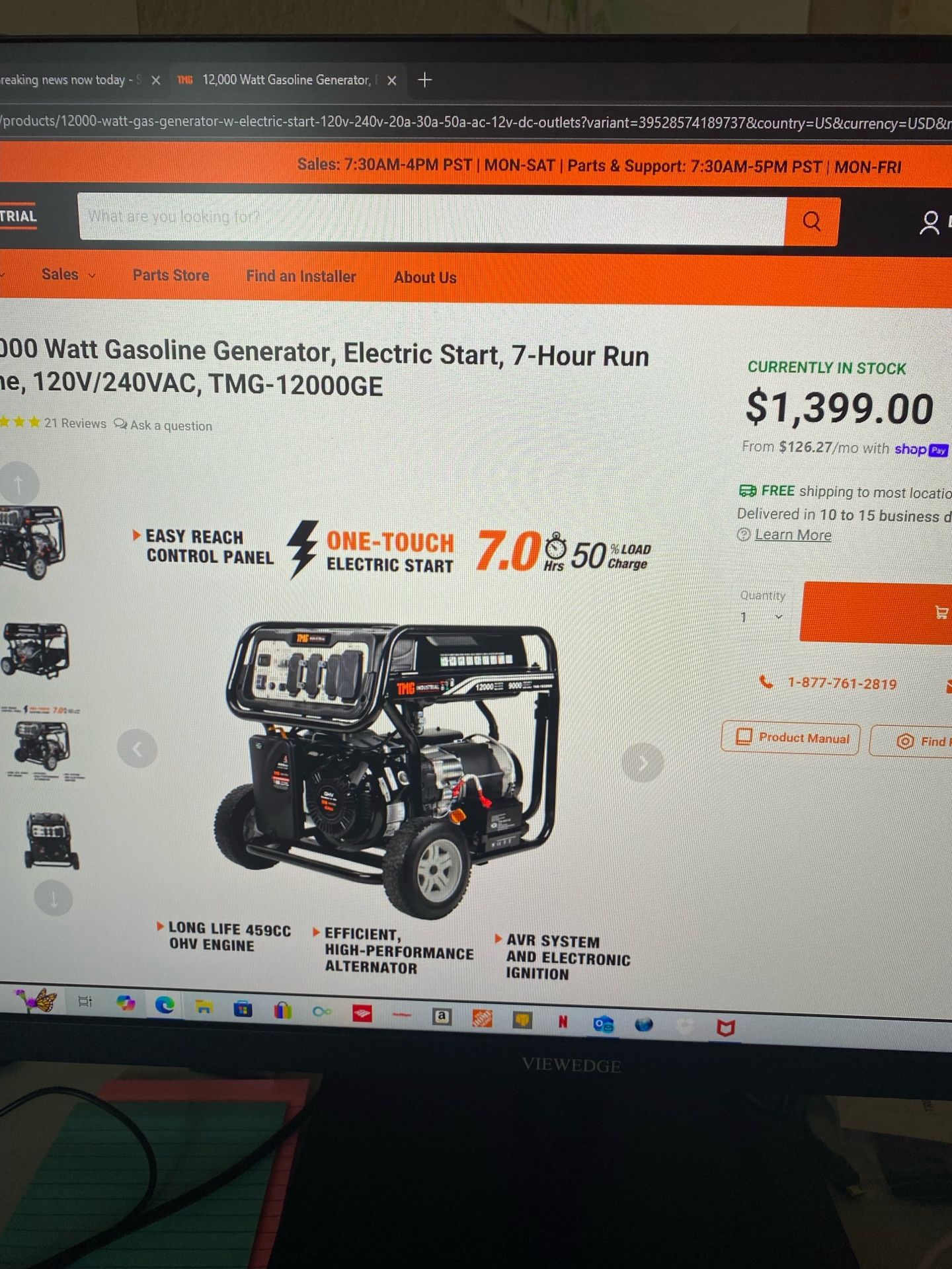 12,000 W Generator 2 Hours Use