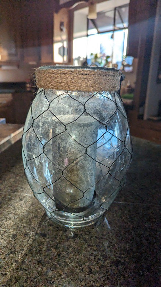 Large Glass Hurricane Lantern with Wire & Burlap Includes Candle