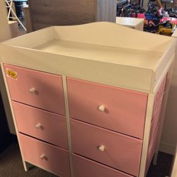 Changing Table Dresser with 6 Fabric Drawers, Baby Dresser with Changing Table Top Diaper Changing Station with Storage for Nursery Modern Pink
