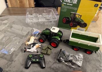 Remote Control Tractor Toy, Kids RC Tractor Set & Truck and Trailer Front Loader - Metal Car Head/8 Wheel/Light, Toddlers Farm Vehicle Toys for 3 4 5 