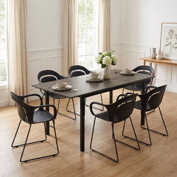 Homy Casa BARI+PHIL 7PC Dining Set with Extendable Walnut-Finish Table and 6 PHIL Black Chairs Open Box