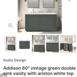 Addison 60" vintage green double sink vanity with ariston white top