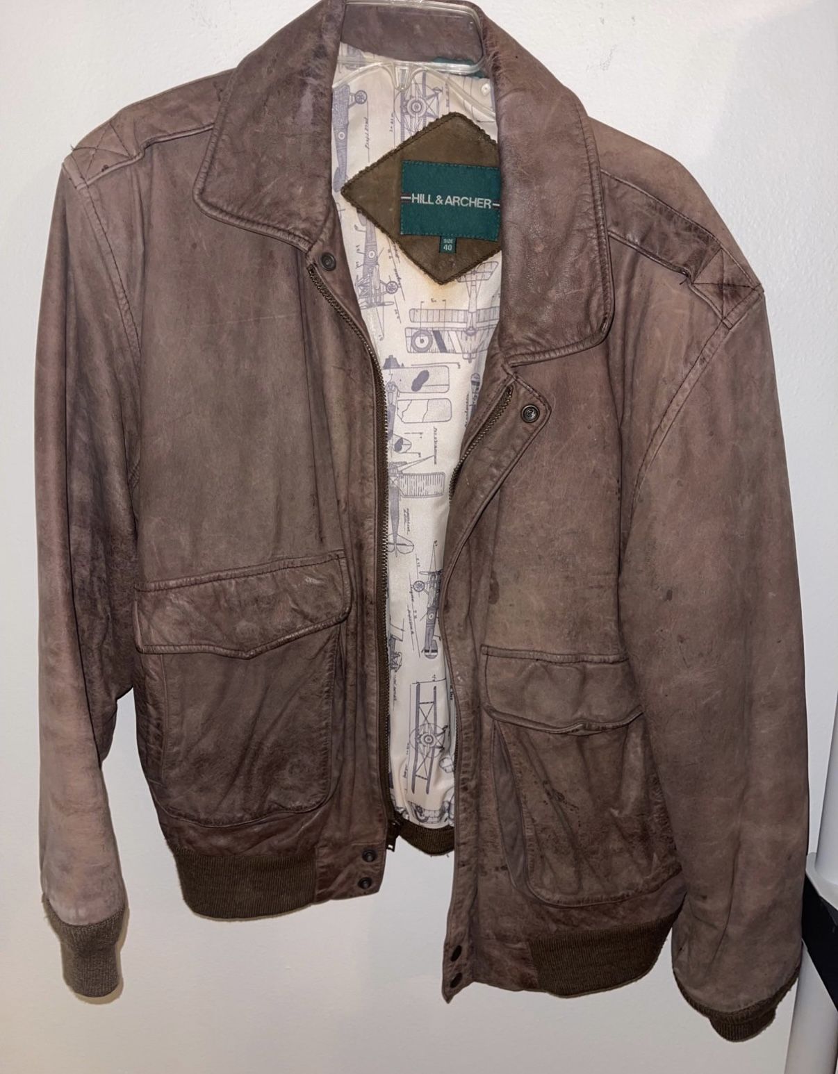 Vintage Hill & Archer size 40 or Men’s brown genuine leather bomber jacket