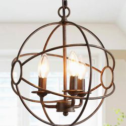  *SMALL* Chet III 3-Light Bronze Industrial Cage Chandelier. 14” H x 12” W. 14” of Chan above light fixture. Previously installed and wire was cut. MS
