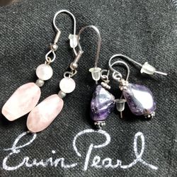 Set Of pink rose Quartz And Amethyst Gemstone Earrings In silver 