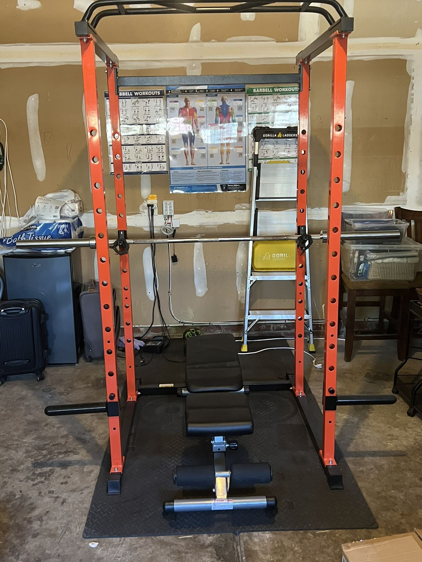 Complete Home Gym - Power Rack, Bench, Barbell, and 560 lbs of Rubber Weights