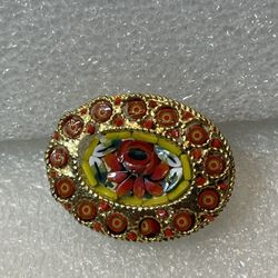 Floral Micromosaic Italy Brooch In Gold Tone