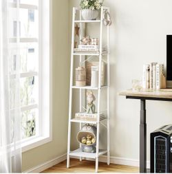 Ladder Shelf, Bookshelf Bookcase, Freestanding Corner Storage Shelve with 2 Hooks