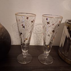Vintage Etched Glass Flutes with Gold Designs