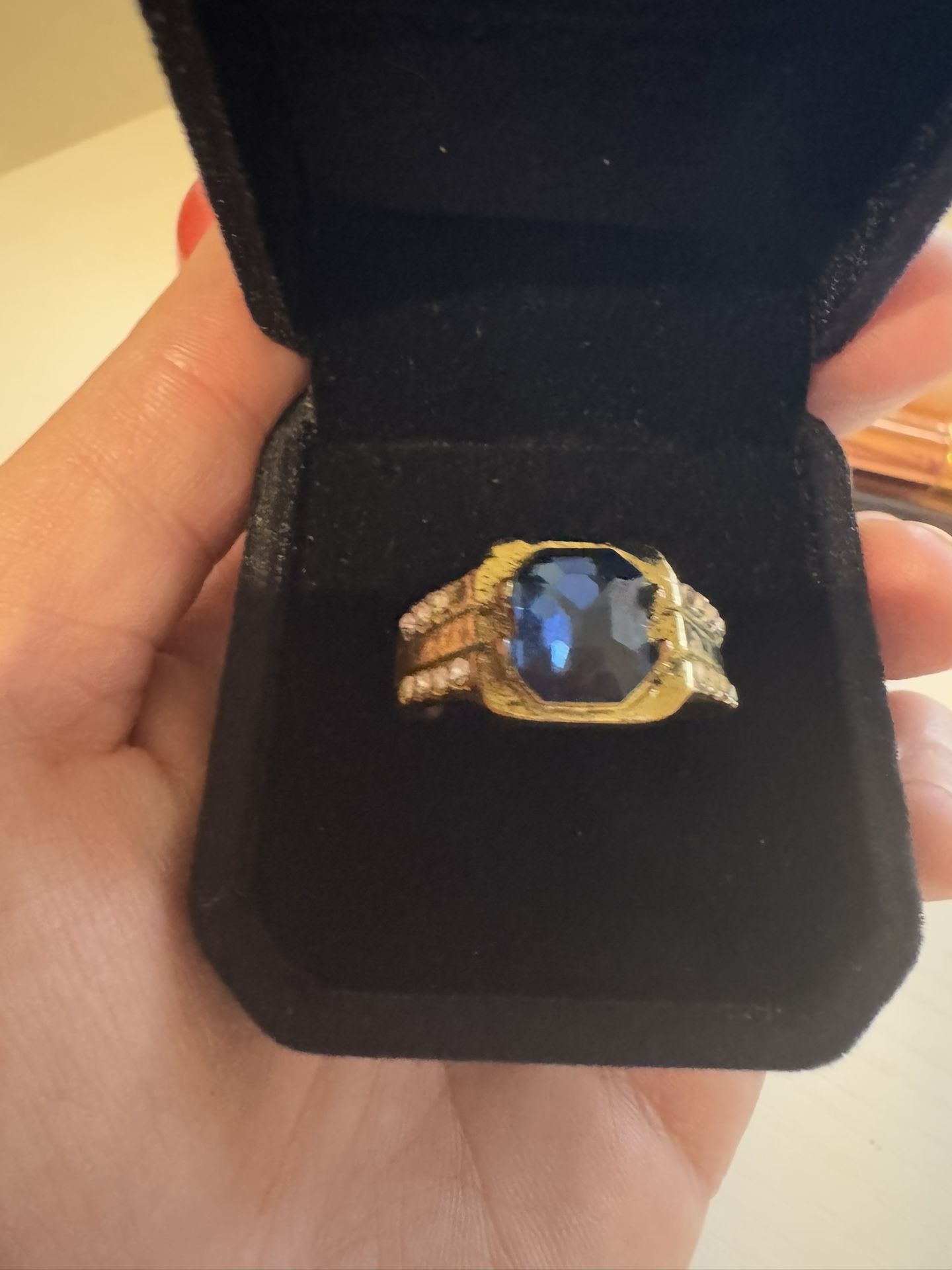 Men’s (Size 9-9.5) Vintage Blue Sapphire Ring With Cubic Zirconia & 18kt TGE