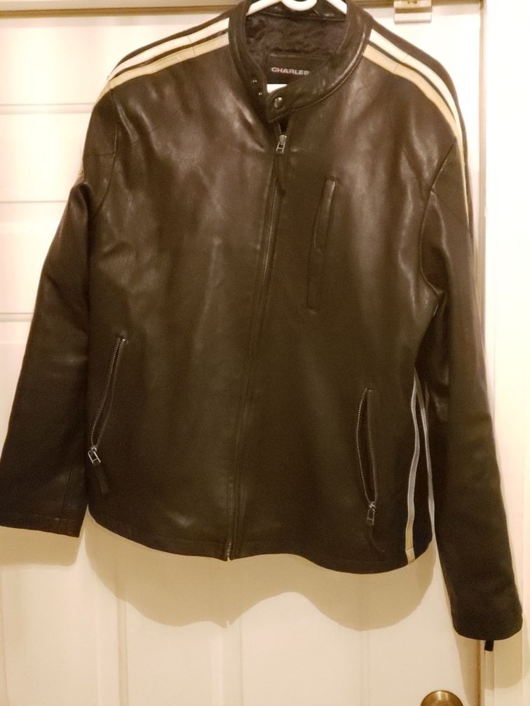 MEN'S SIZE LARGE Charles Klein black leather racing motorcycle jacket with racing stripes