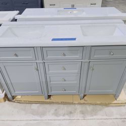 60 in. W x 22 in. D Double Sink Bath Vanity in Gray with White Marble Top $799 