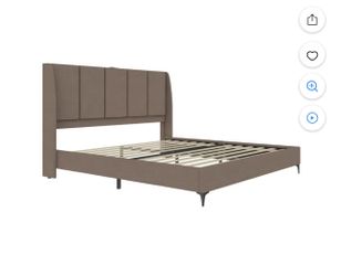 New In Box Lamora Upholstered Wingback Bed Frame with USB, King, Taupe Linen