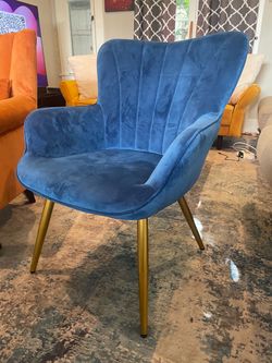 Blue Velvet Accent Chair with Gold Legs