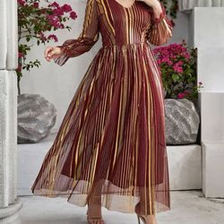 Plus Gold Stripe Print Flounce Sleeve Mesh Dress