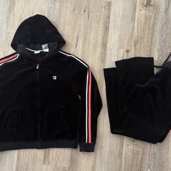 Fila Black Full Zip Striped Hooded Track Suit Jacket & Pants Women’s Size L   