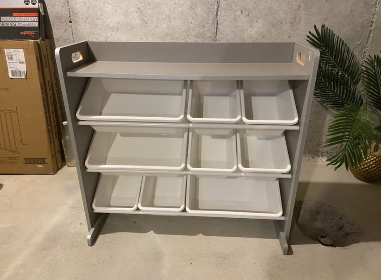 Kids Toy Storage Organizer with 12 Bins – Gray/White – Toy Shelf Rack (LOCAL)
