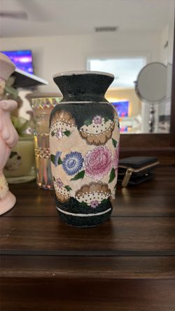 Japanese Ceramic Floral Vase Black and Cream