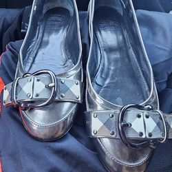 Burberry black patent leather nova plaid buckle ballet flat shoes
