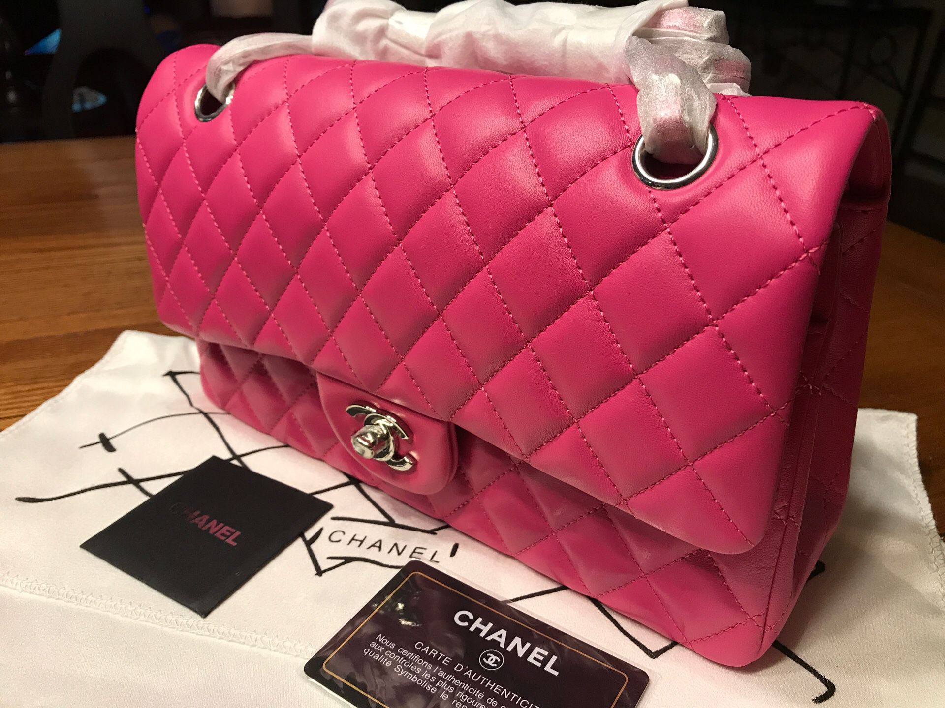 Chanel Classic Lambskin Double Flap Quilted Medium size Fuchsia