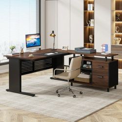Tribesigns 63 Inch Executive Desk with File Cabinet, L Shaped Office Desk Large Office Desk with File Drawer, L Shaped Desk with Storage Shelf, Busine