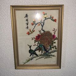 Vintage Asian Silk Hand Embroidered Pair Of Peacocks & Flowers Framed Signed Art