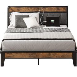 LIKIMIO Full Bed Frame, Storage Headboard with Charging Station