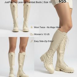 JustFab Cream Lace-Up Knee High Combat Boots - Women’s Size 10 - Like New