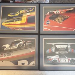 Lot Of 4 Framed Porsche Racing Showroom Advertising Posters RARE 17" x 13"