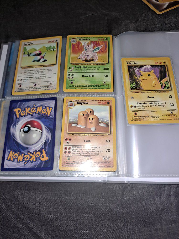 1995 pokemon cards Pikachu,Gastly,porygon,Dugtrio,Nidorino,Onix,Abra, and Ratta