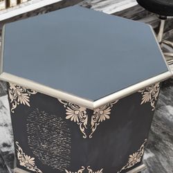 The Glam Hexagon | Light Washed Blue Glam Vintage End Table with Gold Appliqué and Script Accents