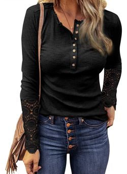 EVALESS Womens Casual V Neck Lace Crochet Long Sleeve Tunic Tops Ribbed Knit Button Down Henley Shirts Blouse