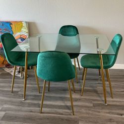 Emerald Green Modern Rectangle Dining Table Velvet Chairs Set
