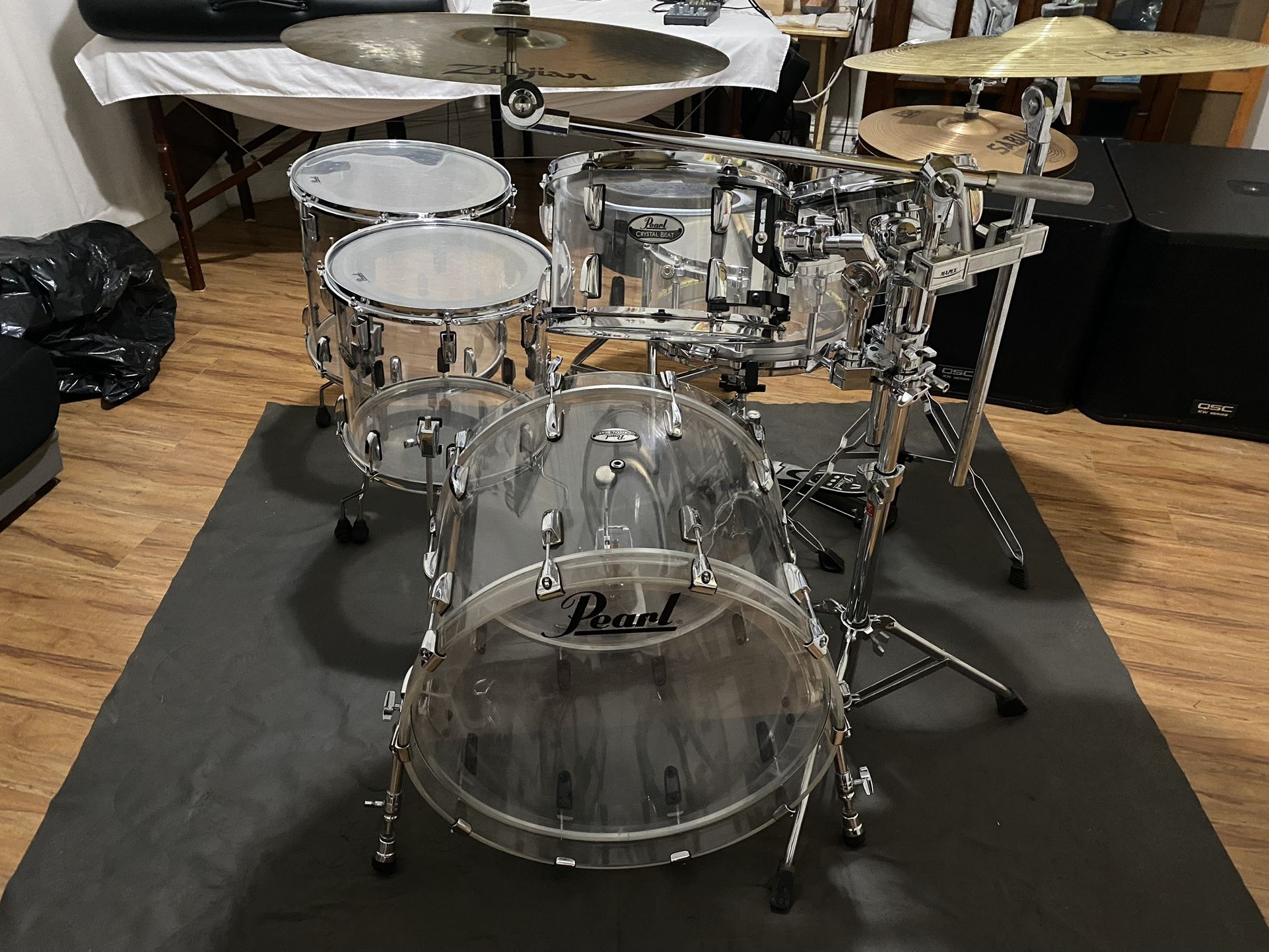 Pearl Crystal Beat Ultra Clear Acrylic see-through drum set.