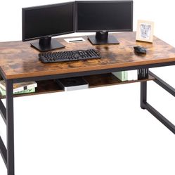 TOPSKY Computer Desk with Bookshelf/Metal Hole Cable Cover 1.18" Thick Desk (55", Rustic Brown)