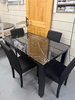 Black Marble-Top Dining Table with 4 Chairs