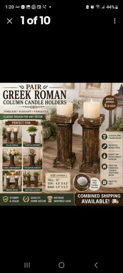 16" Tall Pair Greek Roman Column Candle Holders | Farmhouse Bronze Decor