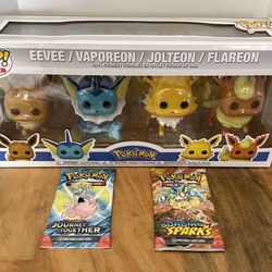 Pokemon Eeveelutions Funko Pop 4 Pack + Surging Sparks + Journey Together Lot (Eevee, Vaporeon, Jolteon, Flareon)