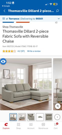 Thomasville Dillard 2-piece Fabric Sofa with Reversible Chaise Product Details · 233 cm x 103.5 cm x 76.2 cm (91.75 in. x 40.75 in. x 30 in.)