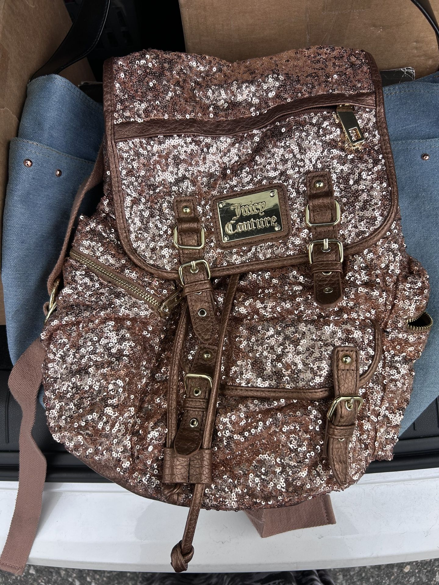 RARE Juicy Couture Sequined Rose Gold backpack purse, gold toned hardware Juicy Couture Pink Velour Backpack with | Mercari main image 4