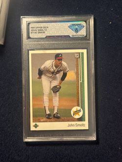 🛑 TRIPLE DOUBLE ERROR! 1989 Upper Deck John Smoltz ROOKIE CARD #17 TRIPLE Player Overlay + MISSING HOLOGRAM – DSG 8 NM/MINT 🛑