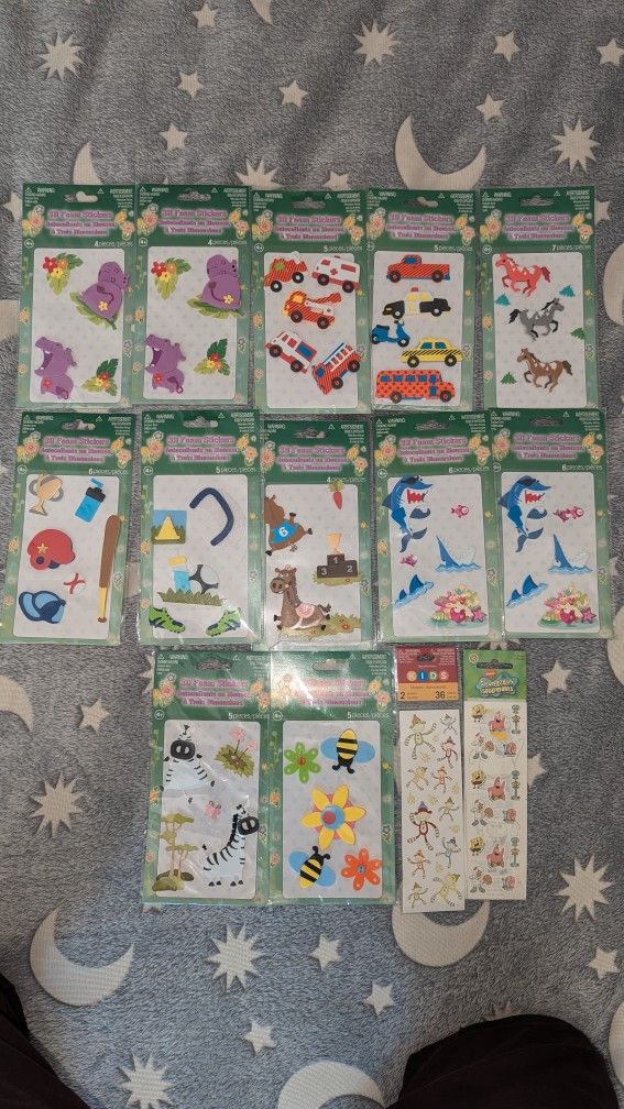 Set of 12 puffy foam 3D stickers plus Sock Monkey and Sponge Bob strips.
All brand new, still sealed.
You get the entire set.