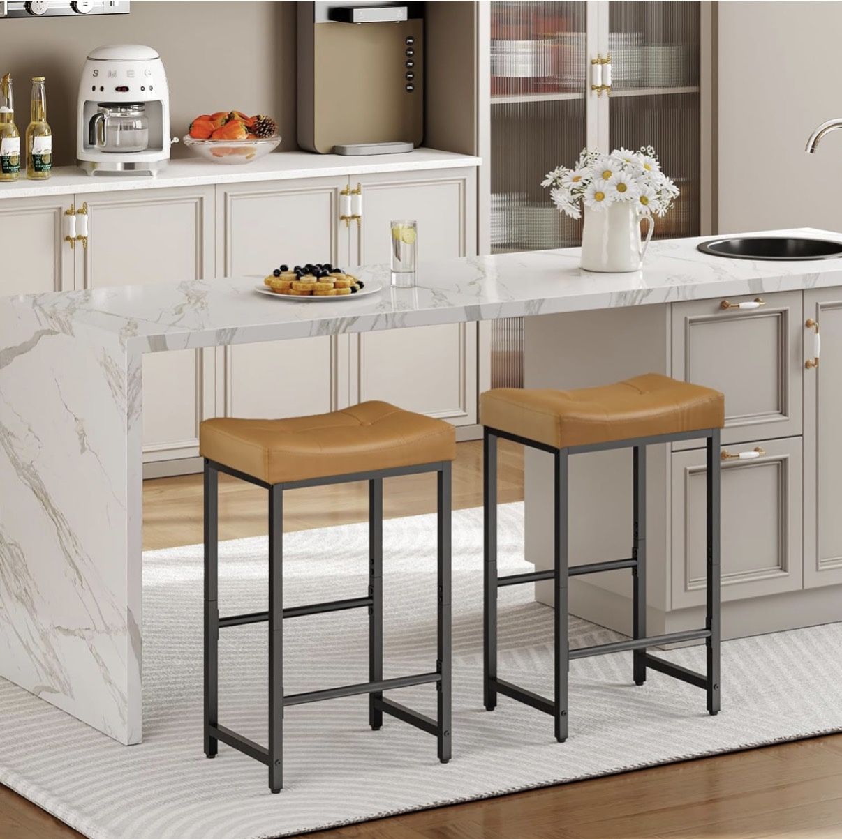 4 X Bar Stools,25.4" Saddle Stools with PU Upholstery, Counter Height Stools with Footrest, Brown an